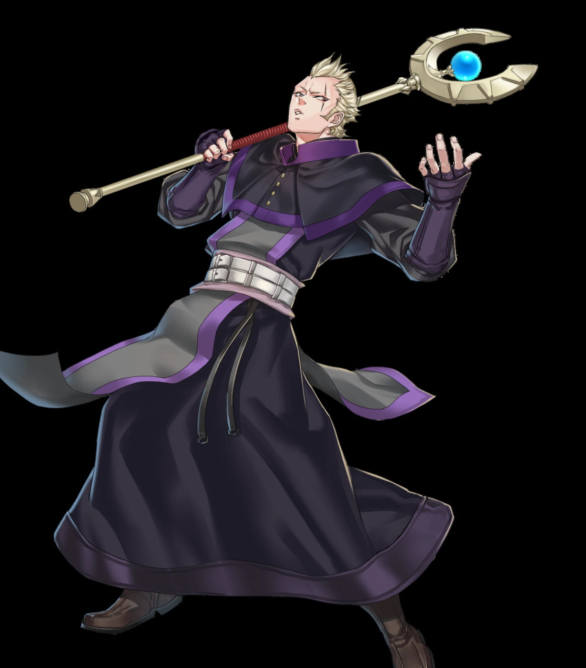 1boy belt blonde_hair boots brady_(fire_emblem) brown_eyes fingerless_gloves fire_emblem fire_emblem_awakening fire_emblem_heroes full_body gloves highres kuroba.k male_focus nintendo official_art scar solo staff teeth transparent_background