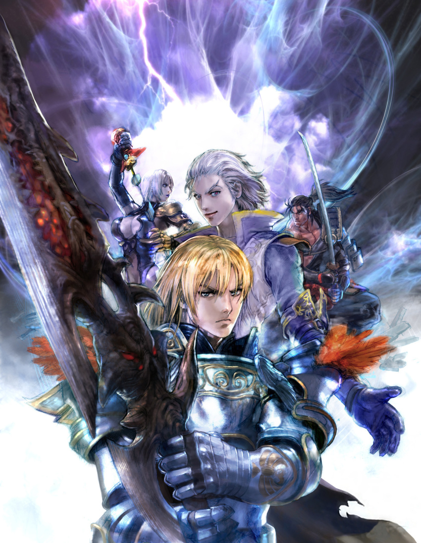1girl 3boys armor blonde_hair breastplate breasts cleavage gauntlets gloves heterochromia highres isabella_valentine iska_farkas japanese_armor katana kawano_takuji large_breasts long_hair mitsurugi_heishirou multiple_boys namco official_art plate_armor ponytail red_eyes samurai shoulder_armor siegfried_schtauffen sode soul_calibur soul_edge_(weapon) soulcalibur_legends sword weapon whip_sword white_hair