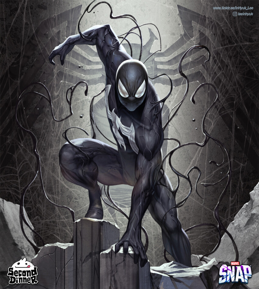 1boy artist_name black_bodysuit bodysuit copyright_name highres in-hyuk_lee instagram_logo instagram_username logo looking_at_viewer marvel solo spider-man spider-man_(series) symbiote watermark web_address