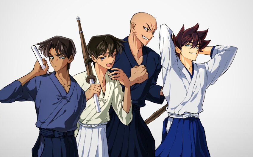 4boys bald black_hair black_hakama blue_eyes blue_hakama brown_hair dark-skinned_male dark_skin hakama hakama_skirt hattori_heiji highres japanese_clothes kendo khkh4869 kurogane_yaiba long_hair meitantei_conan multiple_boys okita_souji_(yaiba) onimaru_takeshi open_mouth ponytail shinai short_hair short_ponytail skirt smile sword weapon white_hakama yaiba