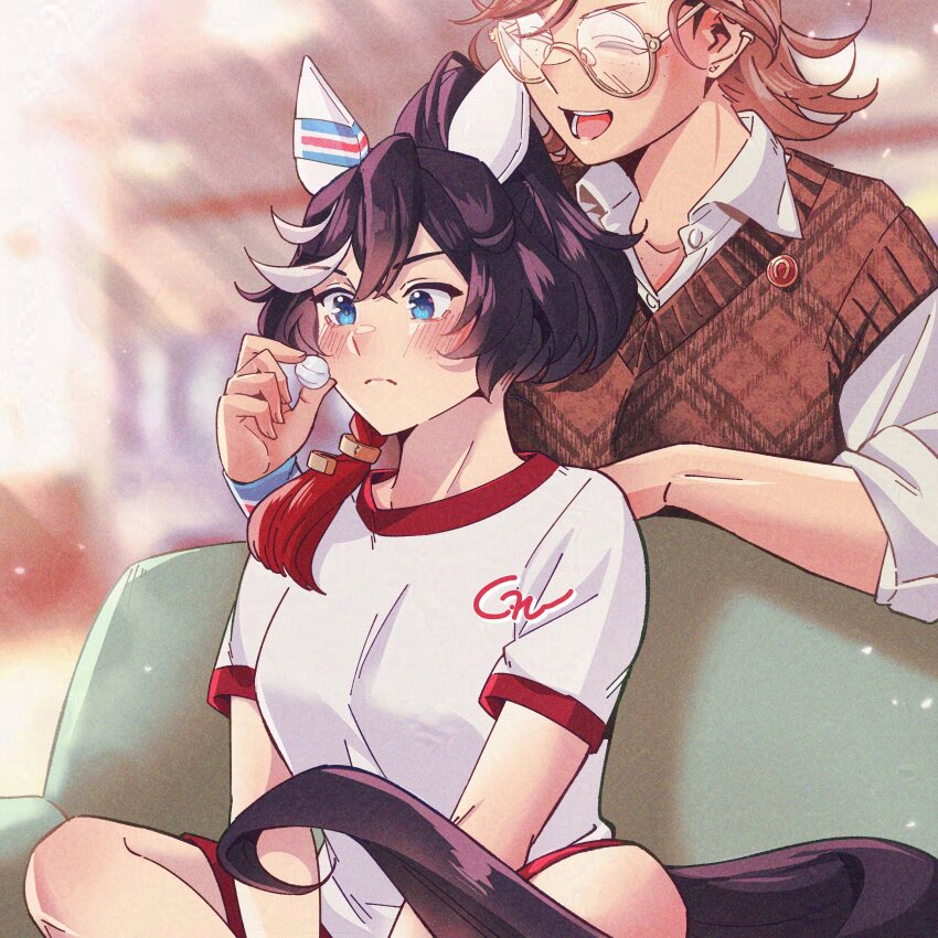 2girls :d ^_^ absurdres animal_ears arm_rest black_hair black_tail blue_eyes blurry blurry_background blush breasts brown_hair brown_sweater_vest candy closed_eyes collared_shirt commentary couch cropped_head depth_of_field ear_covers feeding female_trainer_(umamusume) food gaman glasses gym_shirt highres holding holding_candy holding_food horse_ears horse_girl horse_tail indoors katsuragi_ace&#039;s_trainer_(gaman) katsuragi_ace_(umamusume) multicolored_hair multiple_girls open_mouth original plaid_clothes plaid_sweater_vest ponytail round_eyewear shirt short_sleeves sitting smile streaked_hair sweater_vest t-shirt tail trainer_(umamusume) umamusume v-shaped_eyebrows white_day white_hair white_shirt