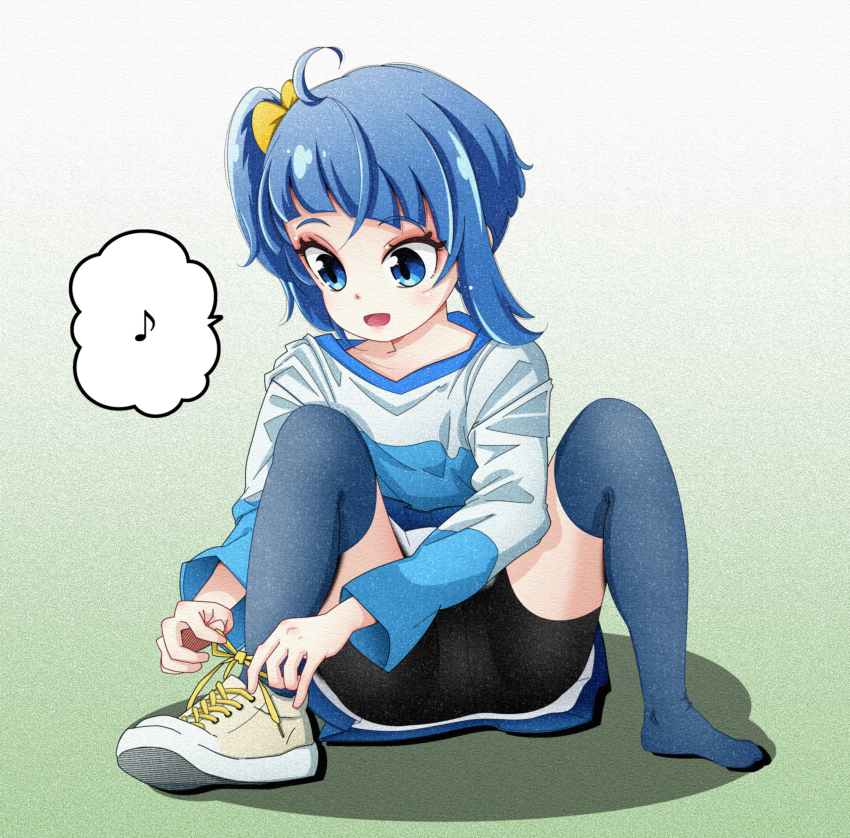 1girl absurdres bapio bike_shorts bike_shorts_under_skirt black_shorts blue_shirt blue_skirt blue_thighhighs bow casual commentary_request cut_bangs eighth_note hair_bow highres hirogaru_sky!_precure long_sleeves medium_hair miniskirt musical_note open_mouth partial_commentary precure shadow shirt shoes shorts side_ponytail single_shoe single_sidelock sitting skirt smile sneakers solo sora_harewataru spoken_musical_note t-shirt thighhighs two-tone_shirt tying_footwear white_shirt yellow_bow yellow_shoes