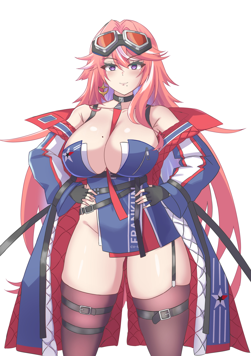 1girl absurdres azur_lane bare_shoulders belt black_belt black_choker black_garter_straps black_gloves blue_coat blue_dress breasts brown_thighhighs character_name choker cleavage coat coat_partially_removed commentary cowboy_shot deera_indrawan dress earrings english_commentary eyewear_on_head fingerless_gloves franklin_(azur_lane) garter_straps gloves goggles goggles_on_head hands_on_own_hips highres huge_breasts jewelry long_hair long_sleeves looking_at_viewer microdress mole mole_on_breast mole_under_mouth multicolored_hair no_panties open_clothes open_coat padded_coat pink_hair purple_eyes shiny_skin side_slit simple_background skindentation solo standing streaked_hair thick_thighs thigh_belt thigh_strap thighhighs thighs two-tone_hair very_long_hair white_background white_hair wide_hips zettai_ryouiki