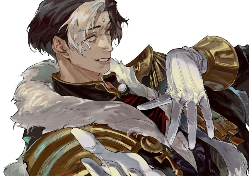 1boy atie1225 black_coat brown_hair chinese_commentary coat emet-selch epaulettes final_fantasy final_fantasy_xiv forehead_jewel fur-trimmed_coat fur_trim garlean gloves hand_on_own_chest looking_at_viewer male_focus multicolored_hair outstretched_hand parted_bangs short_hair sideways_glance smirk solo two-tone_hair upper_body white_hair yellow_eyes