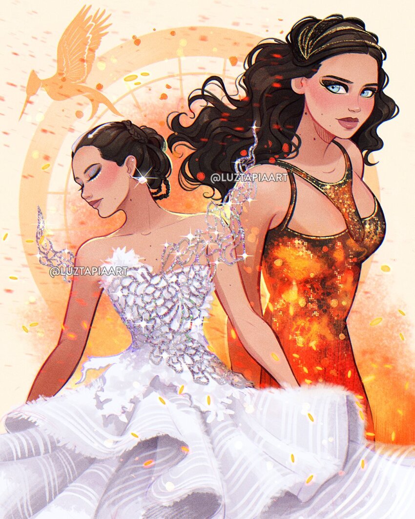 1girl artist_name bare_shoulders bikini blue_eyes brown_hair closed_eyes commentary dress english_commentary highres jacket katniss_everdeen long_hair luztapiaart multiple_views orange_dress sleeveless sleeveless_dress strapless strapless_bikini swimsuit the_hunger_games white_dress
