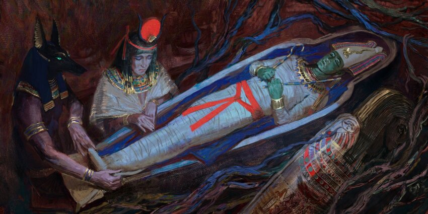 1girl 2boys ancient_egyptian ancient_egyptian_clothes ancient_egyptian_hat animal_ears animal_head anubis_(mythology) armlet bandages beard black_dress black_hair bracelet colored_skin dark-skinned_male dark_skin dress dual_wielding egyptian_mythology facial_hair goldeldarka green_skin hair_ornament hat highres holding holding_scepter husband_and_wife isis_(egyptian_mythology) isis_(mythology) jackal jackal_boy jackal_ears jewelry multiple_boys osiris_(mythology) sad sarcophagus scepter white_hat
