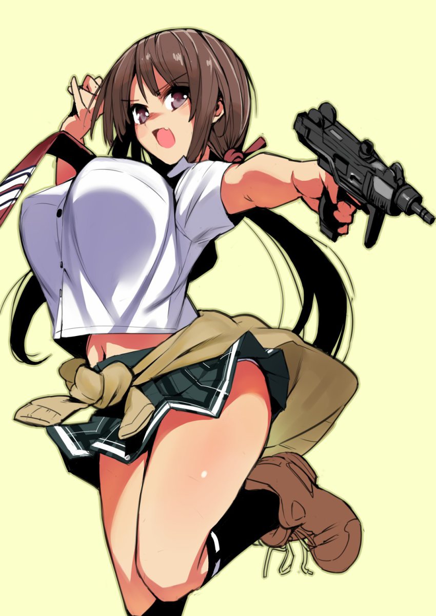 bouncing_breasts breasts clothes_around_waist front-tie_top gen_(black_factory) gun highres large_breasts machine_pistol midriff navel open_mouth original school_uniform skirt solo submachine_gun sweater sweater_around_waist trigger_discipline twintails uzi weapon