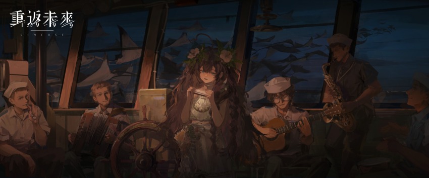 1girl 5boys :d accordion acoustic_guitar ahoge blue_eyes brown_hair collared_shirt conch copyright_name creature dixie_cup_hat dress drum fatutu flower glasses guitar hair_flower hair_ornament hands_up harmonica hat hibiscus highres holding holding_guitar holding_instrument indoors instrument jewelry logo long_hair looking_at_another midriff military_hat multiple_boys music necklace night night_sky official_art open_mouth playing_instrument reverse:1999 saxophone shell shell_necklace ship&#039;s_wheel shirt short_sleeves sky sleeveless sleeveless_shirt smile very_long_hair wavy_hair white_dress white_flower white_hat white_shirt