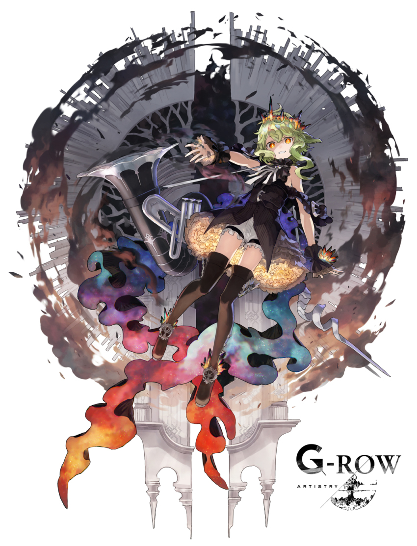 1girl bare_shoulders black_dress boots brown_boots commentary_request company_name crossed_bangs dress floating floating_object full_body gjallarhorn_(phantom_of_the_kill) green_hair hair_between_eyes highres instrument looking_at_viewer official_art orange_eyes outstretched_arm parted_lips phantom_of_the_kill second-party_source shorts sidelocks solo thigh_boots watarubou white_shorts