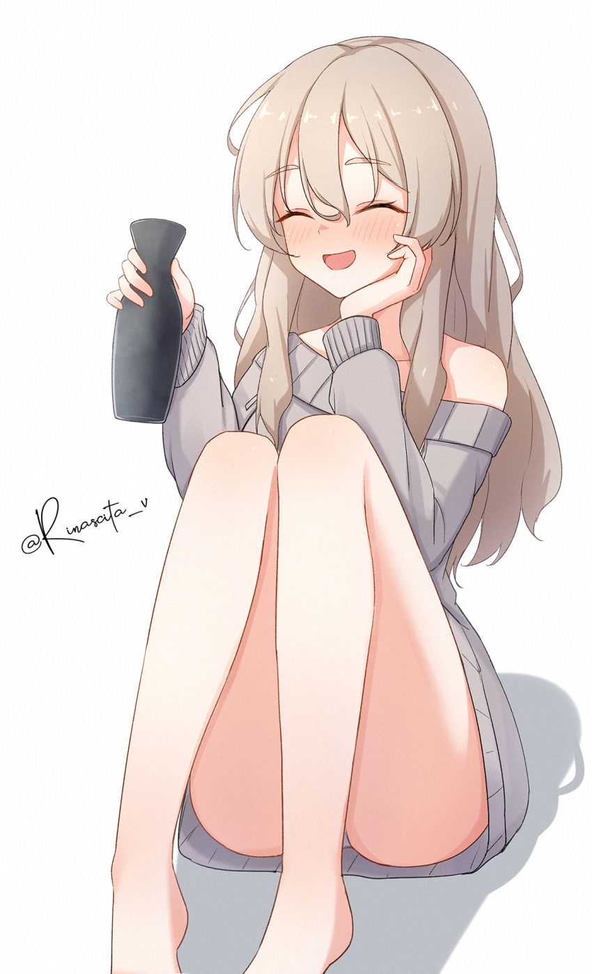 1girl aticsanir closed_eyes commentary_request convenient_leg dress drunk feet_out_of_frame grey_dress grey_hair hair_between_eyes highres kantai_collection long_hair off-shoulder_dress off-shoulder_sweater off_shoulder official_alternate_costume one-hour_drawing_challenge pola_(kancolle) pola_(saury_festival)_(kancolle) simple_background smile solo sweater sweater_dress tokkuri twitter_username white_background