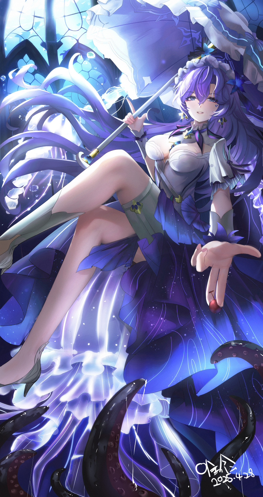 1girl absurdres ankle_socks blue_eyes blue_flower breasts cantarella_(wuthering_waves) cherry chinese_commentary commentary_request dated dress earrings facial_mark flower food fruit hair_between_eyes hair_flower hair_ornament headdress high_heels highres holding holding_food holding_fruit holding_umbrella jewelry large_breasts looking_at_viewer mark_under_eye parasol parted_lips purple_umbrella shoes shrug_(clothing) signature single_sock smile socks solo umbrella weinian. white_dress white_shoes white_shrug white_socks wuthering_waves