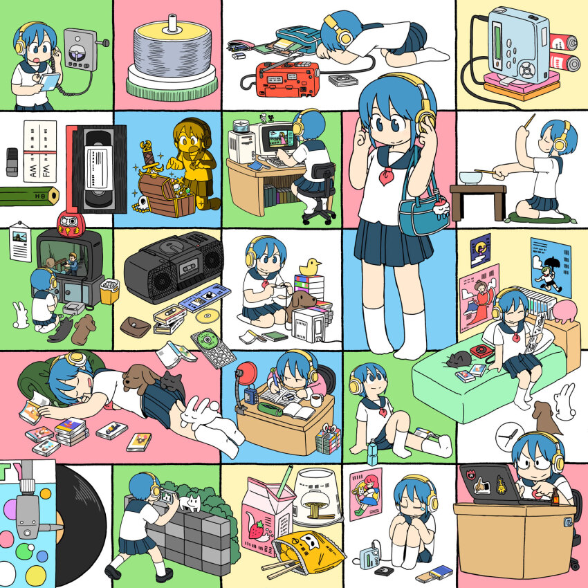 1girl :o album_cover ankle_socks arawi_keiichi bag battery bed black_cat blue_bag blue_eyes blue_hair blue_sailor_collar blue_skirt book book_stack bookshelf boombox bottle bowl brown_dog bush camera cassette_tape cat cd cd_case cd_player chabudai_(table) chair charm_(object) chopsticks clock closed_eyes closed_mouth collage colorful colorful_background computer computer_keyboard computer_tower controller cover crt crying cup cup_ramen cushion daruma_doll desk desk_lamp digital_camera dj_kazu dogeza eraser game_console game_controller hand_on_headphones hands_on_headphones hands_on_own_knees headphones highres holding holding_book holding_camera holding_chopsticks holding_controller holding_game_controller holding_pen knees_to_chest knees_up lamp laptop listening_to_music looking_down looking_up lying magical_girl monitor mug multiple_views neckerchief no_shoes office_chair open_book original pen pencil pencil_case phonograph pile_of_books pillow pink_sweater playing_games poster_(object) radio red_neckerchief rubber_duck sailor_collar school_bag school_uniform seiza serafuku shirt short_hair shoulder_bag sidelocks sitting skirt sleeping sleeping_animal smile socks standing sticker stone_wall studying summer_uniform surprised sweater swivel_chair table taking_picture trash_can treasure_chest turntable typing vinyl_record walkman wall_clock water_bottle white_cat white_rabbit_(animal) white_shirt white_socks zabuton