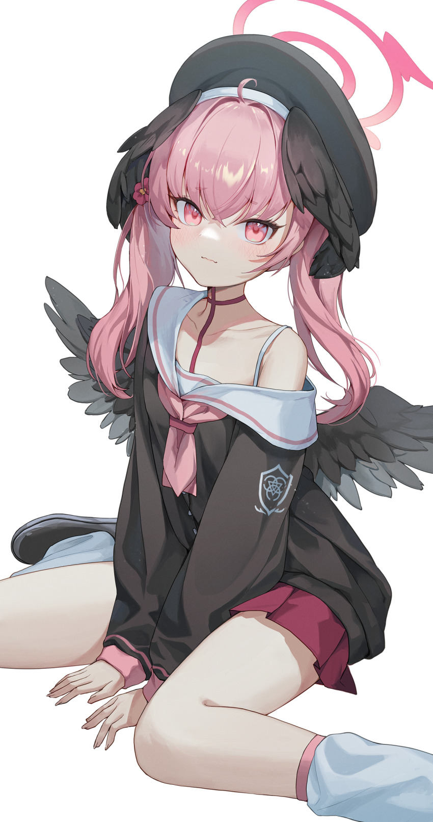 1girl absurdres ahoge beret black_bag black_hat black_shirt black_wings blue_archive breasts closed_mouth commentary curtains feathered_wings flower hair_flower hair_ornament halo hat head_wings highres indoors jorim koharu_(blue_archive) long_hair long_sleeves looking_at_viewer low_twintails neckerchief off_shoulder pink_eyes pink_hair pink_halo pink_neckerchief red_flower red_skirt sailor_collar shirt single_bare_shoulder sitting skirt small_breasts socks solo tattoo twintails wariza white_background white_sailor_collar white_socks wings