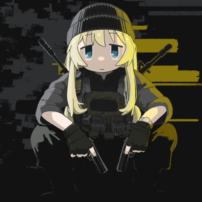 1girl ammunition_pouch aqua_eyes beanie black_gloves black_hat blonde_hair bulletproof_vest call_of_duty call_of_duty:_black_ops call_of_duty:_black_ops_6 closed_mouth collarbone dual_wielding fingerless_gloves fubarmoe gloves grey_shirt gun hat highres holding holding_gun holding_weapon jitome long_hair looking_at_viewer magazine_(weapon) pants parody pouch rifle shirt shoujo_shuumatsu_ryokou sidelocks sleeves_rolled_up solo squatting trigger_discipline watch weapon weapon_on_back wristwatch yuuri_(shoujo_shuumatsu_ryokou)