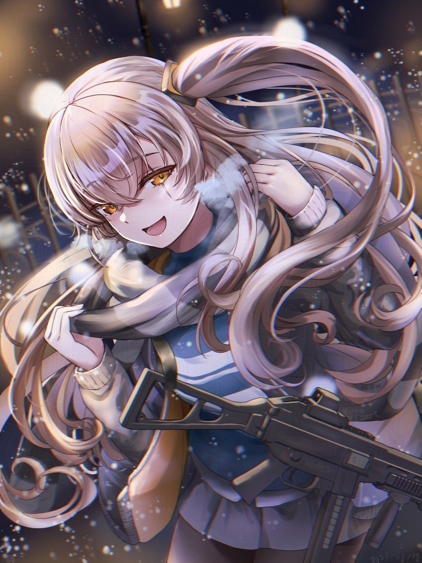 black_pantyhose black_scarf brown_hair girls&#039;_frontline girls&#039;_frontline_2:_exilium highres leva_(girls&#039;_frontline_2) looking_at_viewer pantyhose ponytail sabakuomoto scar scar_across_eye scar_on_face scarf side_ponytail ump45_(girls&#039;_frontline) yellow_eyes