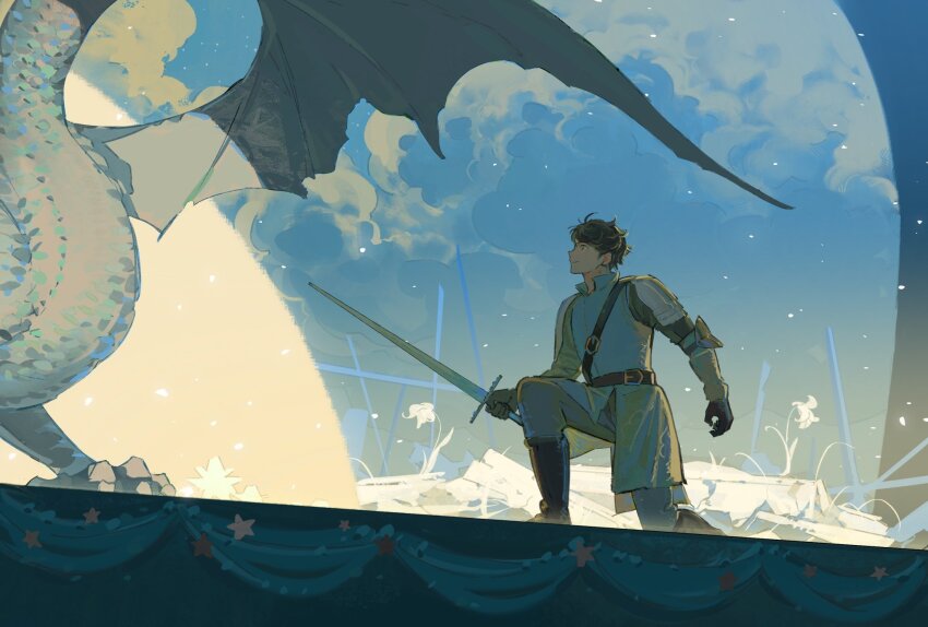 1boy armor black_gloves claws cloud dragon dragon_wings fantasy flower gloves haikyuu!! highres holding holding_sword holding_weapon kneeling knight lingcod_dayu male_focus monster oikawa_tooru_(haikyuu!!) scales sword weapon western_dragon white_dragon wings