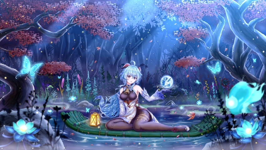 1girl absurdres ahoge bare_shoulders bell black_leotard black_pantyhose blue_flower blue_gloves blue_hair bodystocking bodysuit breasts bug butterfly detached_sleeves flower forest full_body ganyu_(genshin_impact) genshin_impact glaze_lily gloves gold_trim grass groin high_heels highres horns insect jewelry leotard leotard_under_clothes long_hair looking_to_the_side low_ponytail medium_breasts nature neck_bell open_mouth orb outdoors pantyhose ponytail purple_eyes qilin_(mythology) shou_ryuusei_ex sidelocks sitting solo thighlet thighs vision_(genshin_impact) white_sleeves