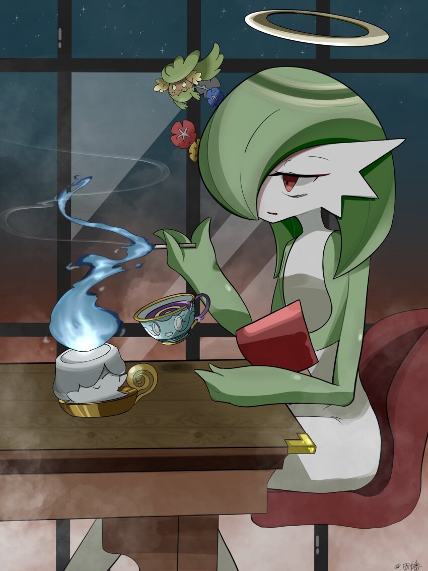 alternate_color bob_cut chair cigarette colored_skin comfey gardevoir gen_3_pokemon gen_5_pokemon gen_7_pokemon gen_8_pokemon green_hair green_skin hair_over_one_eye halo highres holding holding_cigarette inb795 litwick multicolored_skin nintendo on_chair pokemon pokemon_(creature) red_eyes shiny_pokemon signature sinistea sitting table two-tone_skin white_skin window