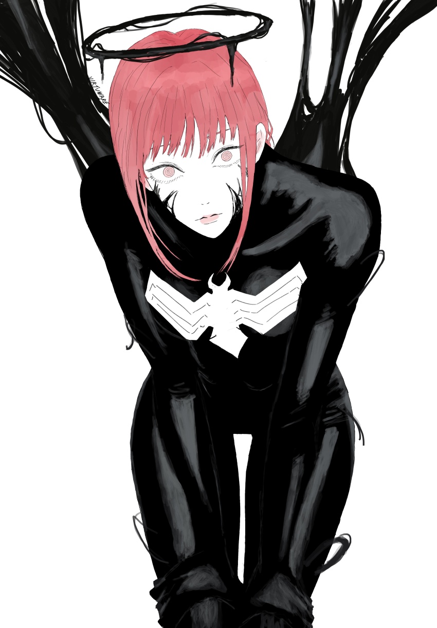 1girl absurdres black_halo chainsaw_man commentary halo highres leaning_forward long_hair looking_at_viewer makima_(chainsaw_man) marvel ringed_eyes sidelocks simple_background solo spider-man_(series) symbiote venom_(marvel) virtuware white_background yellow_eyes