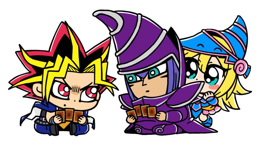 1girl 2boys :| belt bkub black_belt black_hair black_shoes blonde_hair blue_boots blue_eyes blue_hair blue_hat blue_jacket blue_pants blush_stickers boots bright_pupils card card_game chibi chibi_only closed_mouth colored_bangs dark_magician dark_magician_girl domino_high_school_uniform dot_mouth dot_nose duel_monster eye_contact eyebrows_visible_through_hat hair_between_eyes hat hiding hiding_behind_another holding holding_card jacket jacket_on_shoulders long_hair looking_at_another multicolored_hair multiple_boys pants purple_hat raised_eyebrows red_eyes red_hair school_uniform shoes short_hair simple_background sitting trading_card v-shaped_eyebrows wariza white_background white_pupils wizard_hat yami_yugi yu-gi-oh! yu-gi-oh!_duel_monsters
