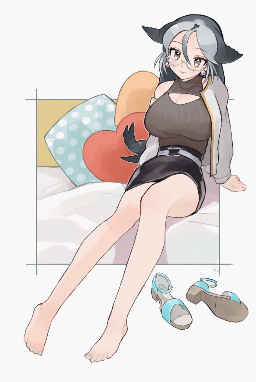 1girl alternate_costume bare_shoulders barefoot belt black_hair black_skirt blue_nails brown_shirt california_sea_lion_(kemono_friends) casual cleavage_cutout clothing_cutout coat earrings fins glasses grey_belt grey_hair hair_between_eyes head_fins high-waist_skirt highres jewelry kemono_friends long_hair long_sleeves multicolored_hair nail_polish open_clothes open_coat pencil_skirt pillow sandals shimazoenohibi shiny_skirt shirt shoes sidelocks sitting skirt sleeveless solo unworn_shoes white_coat yellow_eyes