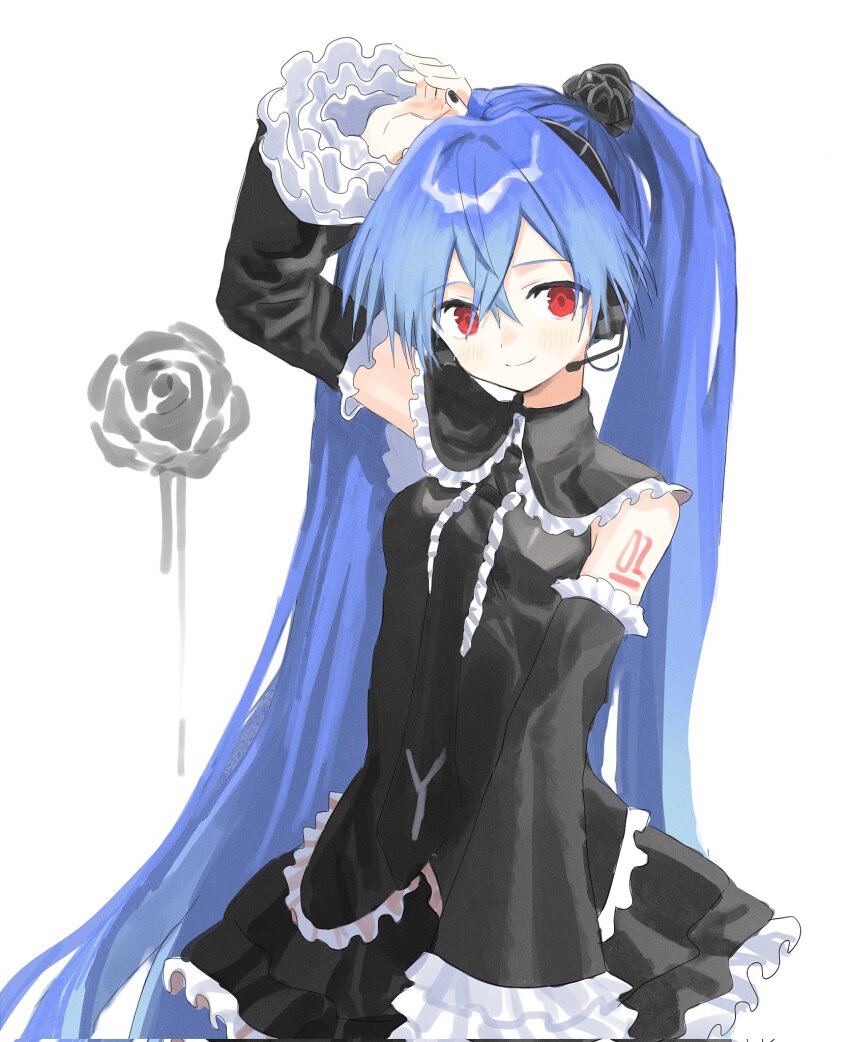 1984_(cw1000110) 1girl black_flower black_hairband black_nails black_rose black_shirt black_skirt black_sleeves blue_hair closed_mouth collared_shirt commentary corrupted_twitter_file detached_sleeves double-parted_bangs flower frilled_shirt frilled_skirt frilled_sleeves frills hair_between_eyes hair_flower hair_ornament hairband hatsune_miku hatsune_miku_(infinity) highres long_hair long_sleeves looking_at_viewer nail_polish number_tattoo project_diva_(series) red_eyes rose shirt shoulder_tattoo skirt sleeveless sleeveless_shirt smile solo tattoo twintails very_long_hair vocaloid white_background