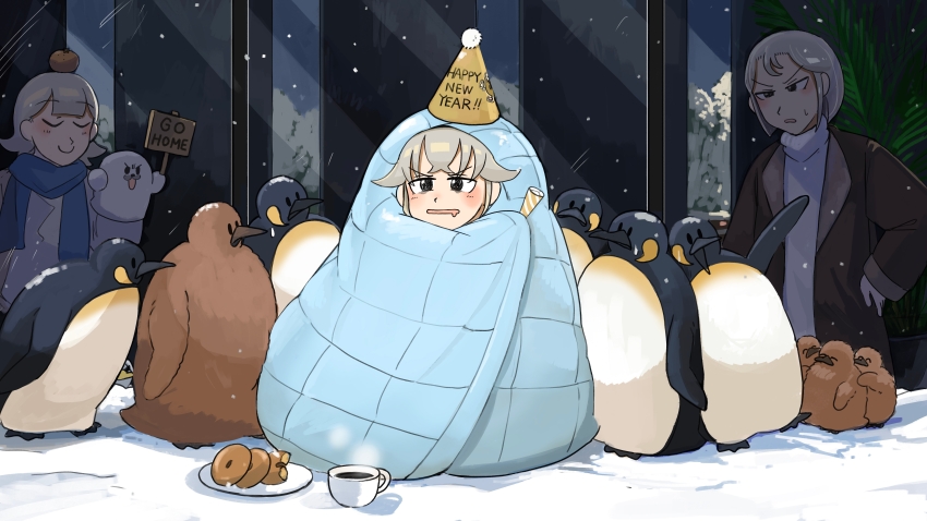 3girls absurdres bird blue_scarf brown_coat closed_eyes coat commentary cup diva_(hyxpk) donut_stamp duck english_commentary food fruit grey_hair hand_puppet hat highres holding holding_sign king_penguin mug multiple_girls orange_(fruit) party_hat party_popper penguin penguin_chick penguin_keeper_(diva) polar_bear_keeper_(diva) puppet scarf seal_keeper_(diva) seal_puppet short_hair sign smile snow snowing zoo zookeeper zookeepers_(diva)