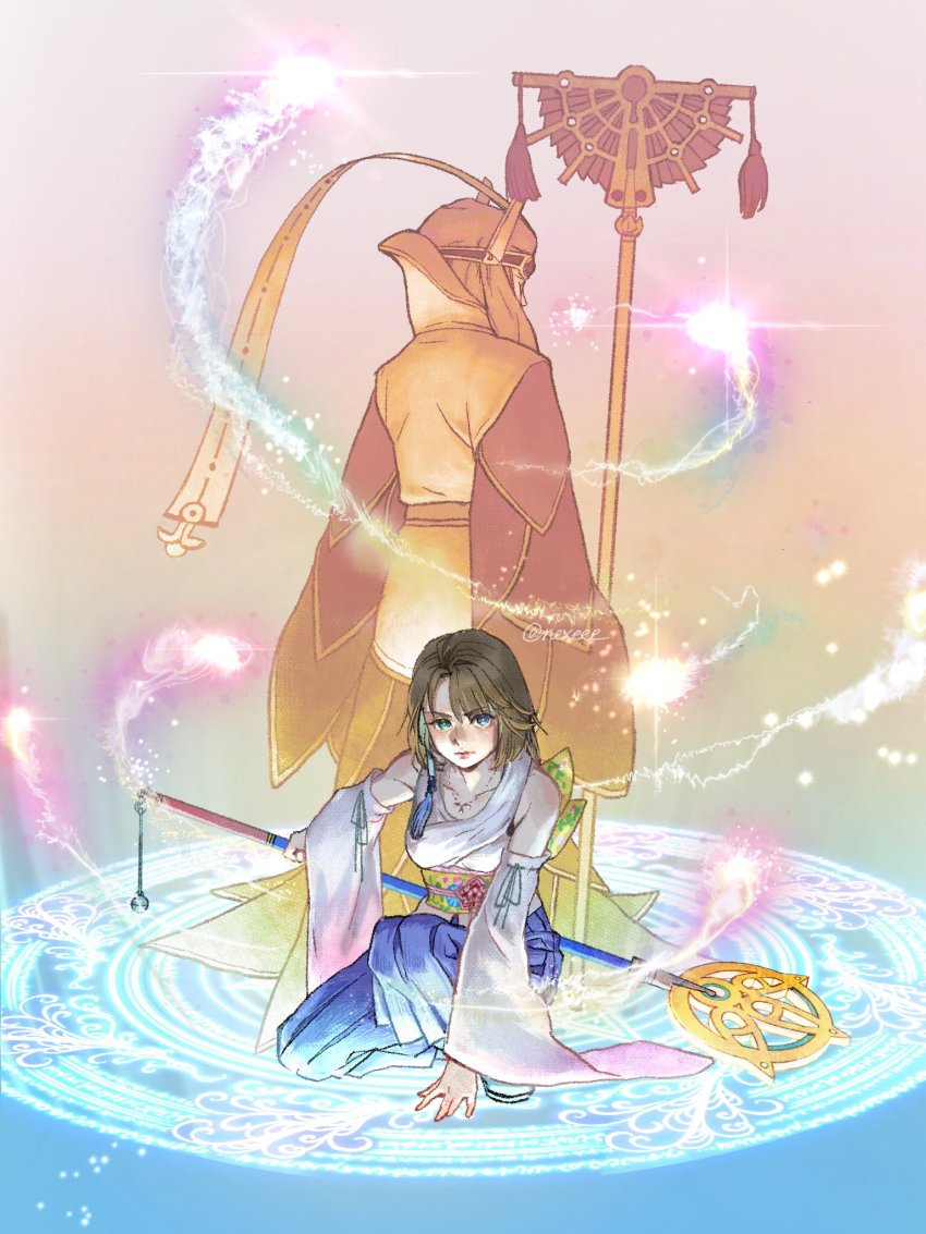 1boy 1girl bare_shoulders beads blue_eyes blue_skirt braska breasts brown_hair detached_sleeves facing_away father_and_daughter final_fantasy final_fantasy_x full_body green_eyes hair_beads hair_between_eyes hair_ornament headdress heterochromia highres holding holding_staff jewelry long_hair long_skirt looking_at_viewer medium_breasts medium_hair necklace nexeee nontraditional_miko obi on_one_knee pleated_skirt pyrefly robe sash shirt skirt spirit staff standing summoner_(final_fantasy) white_shirt wide_sleeves yuna_(ff10)