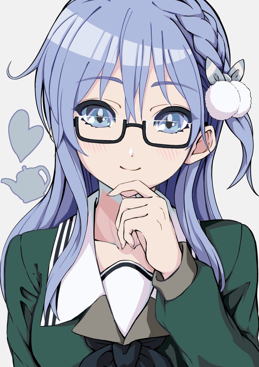 1girl 22/7 black-framed_eyewear black_bow black_bowtie blue_eyes blue_hair bow bowtie braid closed_mouth diagonal-striped_bow glasses green_shirt hair_between_eyes hair_bow hair_ornament hand_on_own_chin heart highres light_blue_hair lionmaru0808 long_hair long_sleeves looking_at_viewer maruyama_akane pom_pom_(clothes) pom_pom_hair_ornament portrait rectangular_eyewear rokubanchou_school_uniform sailor_collar school_uniform semi-rimless_eyewear serafuku shirt single_braid smile solo under-rim_eyewear white_background white_sailor_collar winter_uniform