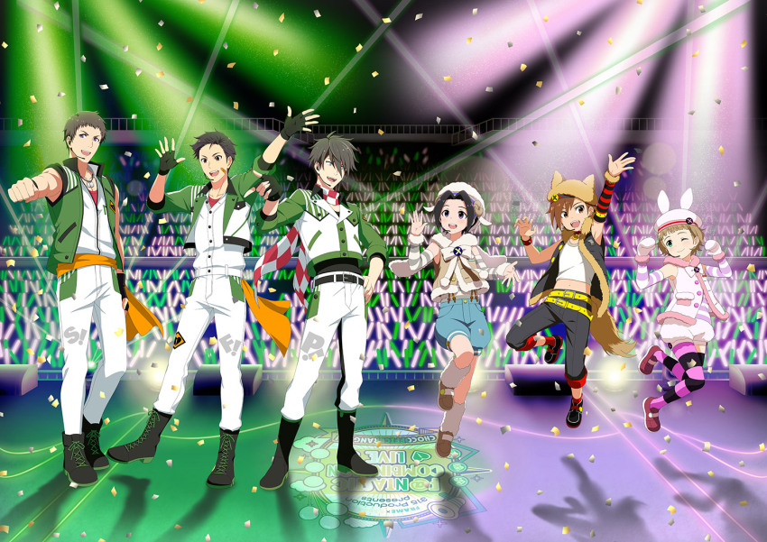 6+boys akuno_hideo animal_ears black_gloves blue_eyes boots brown_eyes buttons child confetti fake_animal_ears fake_tail fingerless_gloves fingernails frame_(idolmaster) full_body gloves green_eyes headset himeno_kanon idol idolmaster idolmaster_side-m kimura_ryu male_focus mofumofuen_(idolmaster) multiple_boys official_art okamura_nao open_mouth pants purple_eyes sharp_teeth shingen_seiji shirt shoelaces sleeveless stage_lights tachibana_shiro_(idolmaster) tail teeth upper_teeth_only