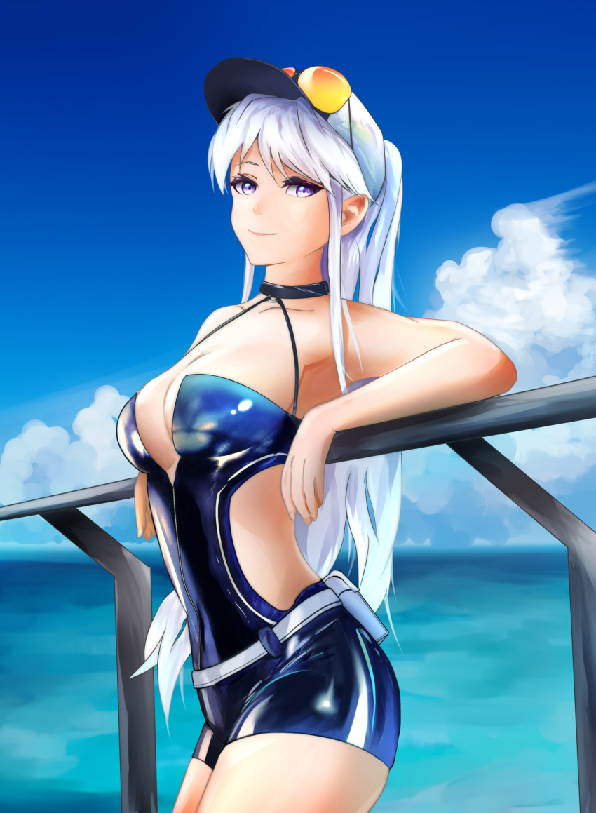 1girl armpits azur_lane beefusteku black_hat bodysuit breasts cleavage dress enterprise_(azur_lane) enterprise_(wind_catcher)_(azur_lane) eyewear_on_headwear hat highres looking_at_viewer ocean ponytail race_queen short_dress simple_background smile solo white_hair