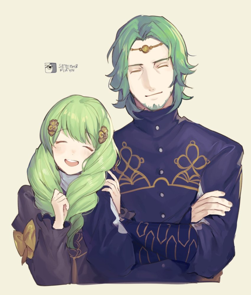 1boy 1girl beard bow brother_and_sister character_name closed_eyes closed_mouth crossed_arms facial_hair fire_emblem fire_emblem:_three_houses flayn_(fire_emblem) garreg_mach_monastery_uniform green_facial_hair green_hair hair_ornament highres long_hair long_sleeves nintendo open_mouth seteth_(fire_emblem) short_hair siblings simple_background upper_body velahka yellow_bow