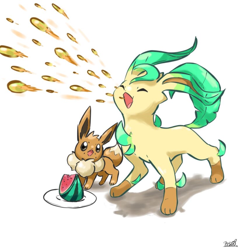 closed_mouth dated eevee food fruit gen_1_pokemon gen_4_pokemon highres leafeon leech_seed nanikoreon nintendo no_humans open_mouth plate pokemon pokemon_(creature) shadow standing watermelon watermelon_slice white_background