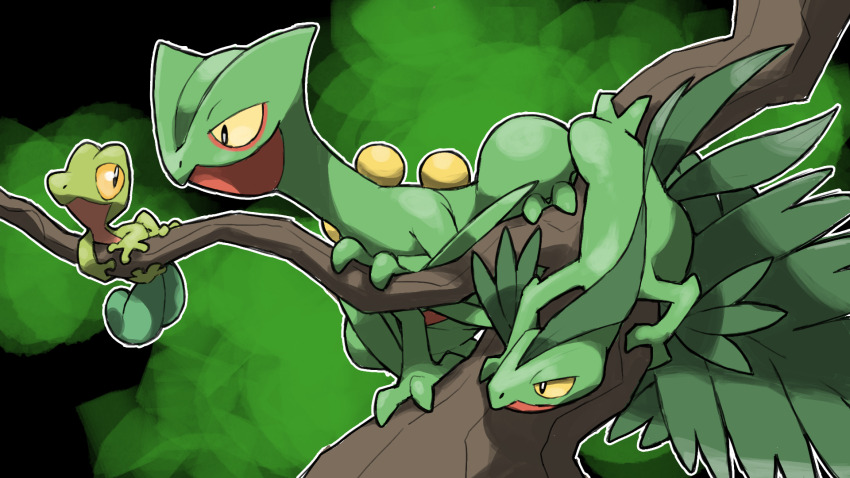 animal_focus black_background blacknirrow climbing closed_mouth colored_sclera evolutionary_line gen_3_pokemon grovyle highres leaf looking_at_another nintendo no_humans outline pokemon pokemon_(creature) pokemon_focus sceptile tree treecko white_outline yellow_sclera