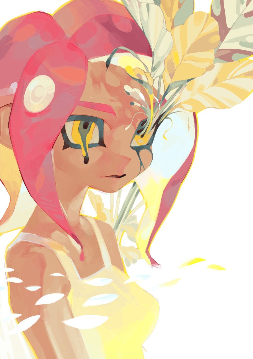 1girl absurdres bare_shoulders breasts dark-skinned_female dark_skin highres korean_commentary leejcantdecide long_hair medium_breasts melting melting_eyes nintendo octoling octoling_girl octoling_player_character pink_hair plant simple_background solo splatoon_(series) suction_cups tentacle_hair upper_body white_background yellow_eyes