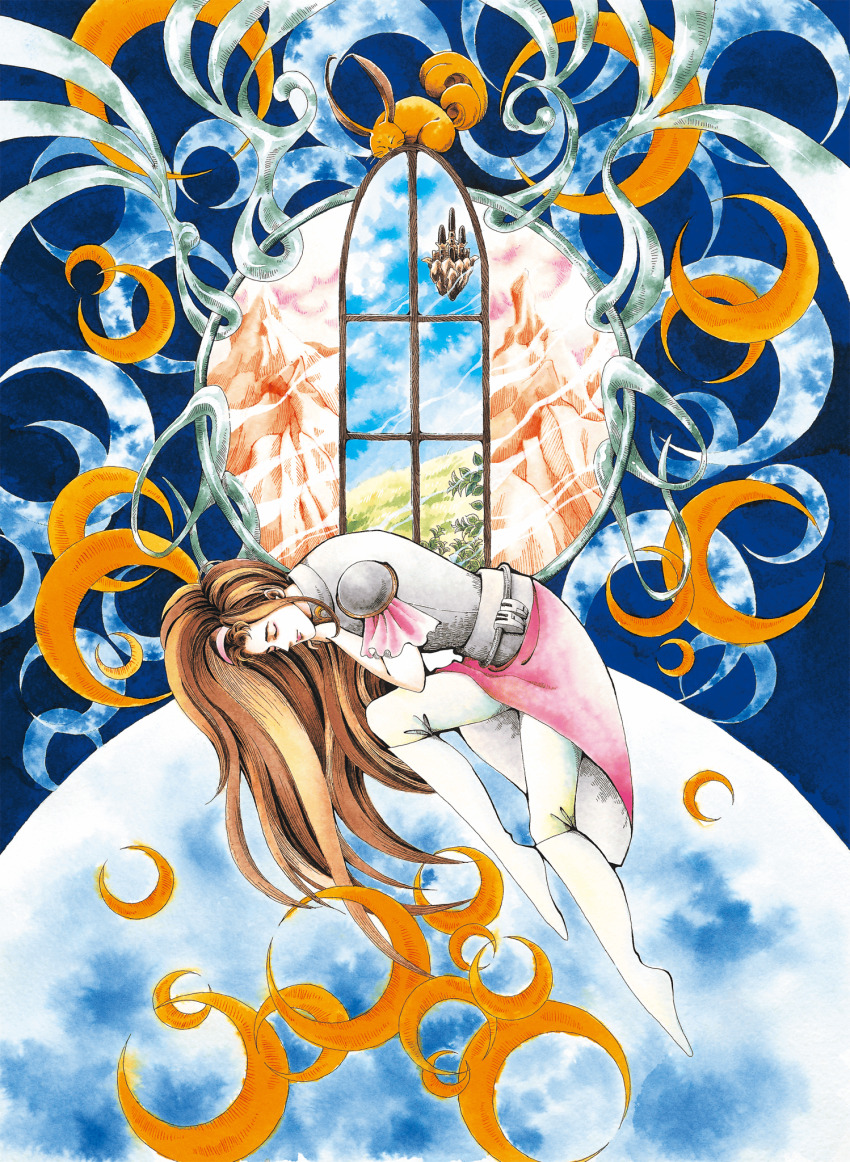 1girl alisa_landeel armor breastplate brown_hair cat closed_eyes crescent dress floating floating_castle frilled_sleeves frills hairband highres kodama_rieko large_ears long_hair multiple_tails myau_(phantasy_star) official_art phantasy_star phantasy_star_i pink_dress pink_hairband shoulder_armor smile tail two_tails whiskers window