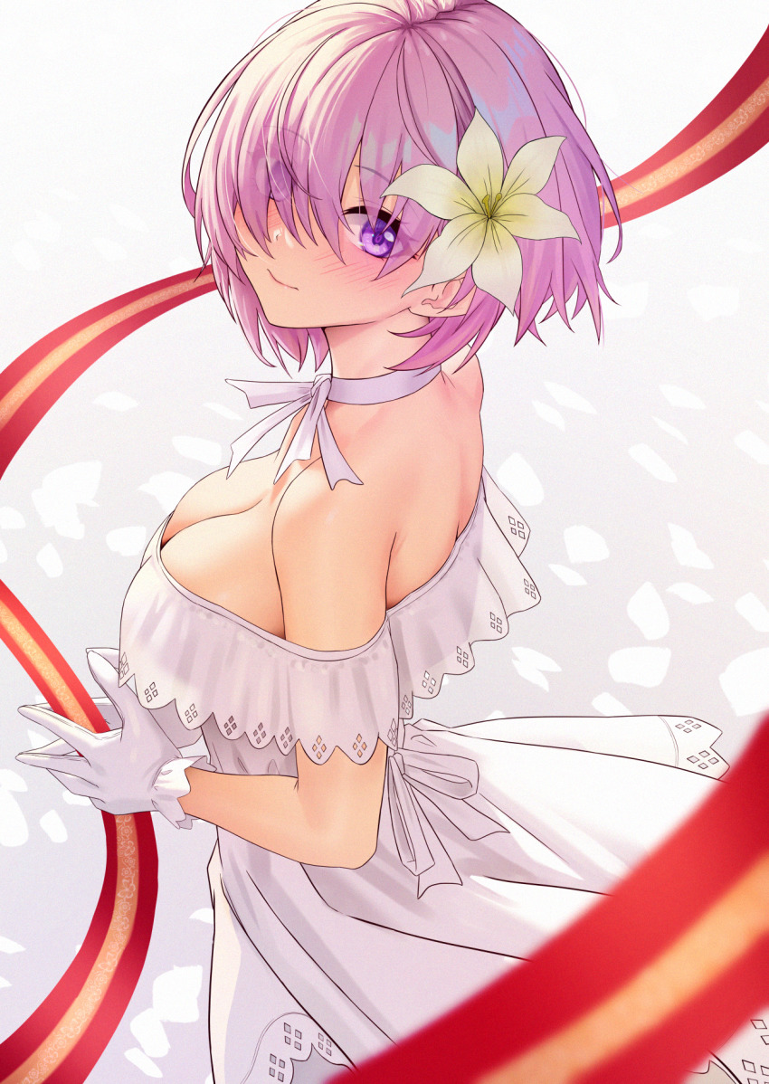 1girl blush breasts choker cleavage dress fate/grand_order fate_(series) flower full-face_blush gloves hair_flower hair_ornament hair_over_one_eye highres large_breasts light_smile looking_at_viewer looking_to_the_side mash_kyrielight mash_kyrielight_(formal_dress) off-shoulder_dress off_shoulder purple_eyes purple_hair short_hair solar_(happymonk) solo white_choker white_dress white_gloves