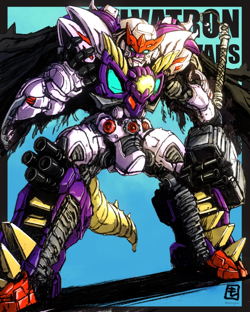 absurdres text_background beast_wars beast_wars_ii black_border black_cape blue_eyes border cape character_name clenched_teeth copyright_name galvatron gradient_background hammer hand_up highres holding holding_hammer holding_weapon mecha moyan open_hand outside_border predacon robot science_fiction shadow solo standing tail teeth transformers weapon