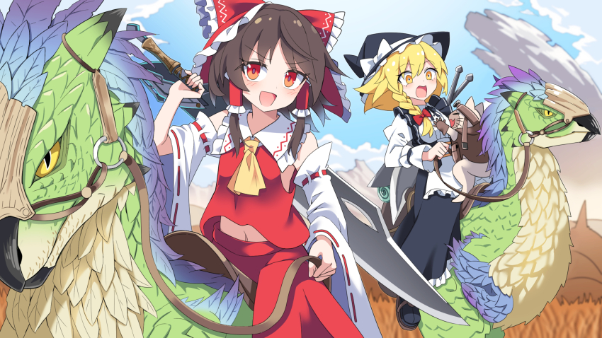 2girls adapted_costume apron ascot bird bird_wings black_skirt blonde_hair blush bow braid brown_hair commentary_request crossover detached_sleeves e.o. frilled_bow frilled_hair_tubes frilled_skirt frills greatsword hair_bow hair_tubes hakurei_reimu hat hat_bow highres holding holding_reins holding_sword holding_weapon kirisame_marisa long_hair midriff_peek monster monster_hunter_(series) monster_hunter_wilds multiple_girls navel open_mouth outdoors red_bow red_eyes red_skirt reins ribbon-trimmed_sleeves ribbon_trim riding riding_animal seikret_(monster_hunter) side_braid single_braid skirt skirt_set smile sword touhou waist_apron weapon white_apron white_bow wings witch_hat yellow_ascot yellow_eyes