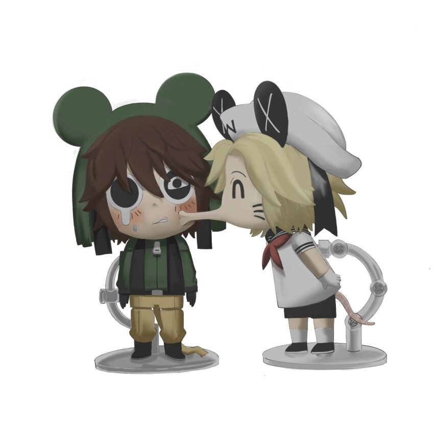 2boys black_eyes black_vest blonde_hair blush brown_hair coco_199788 facial_mark green_jacket highres jacket kinder_surprised_michael_jr. kiss kissing_cheek looking_at_viewer male_focus military_uniform mouse_boy mouse_hat mouse_tail multiple_boys nendoroid objectification present_day_problem_takeuchi_robert randal&#039;s_friends sailor short_hair simple_background standing tail teardrop vest whisker_markings white_background yaoi