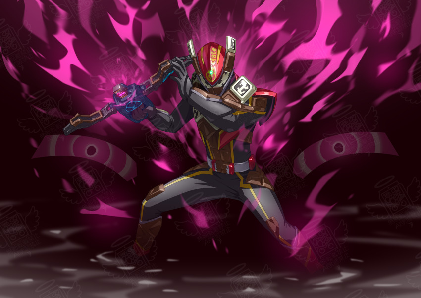 1boy absurdres armor black_bodysuit bodysuit brown_armor brown_helmet helmet highres kamen_rider kamen_rider_gavv_(series) kamen_rider_valen otokamu power_armor purple_background solo