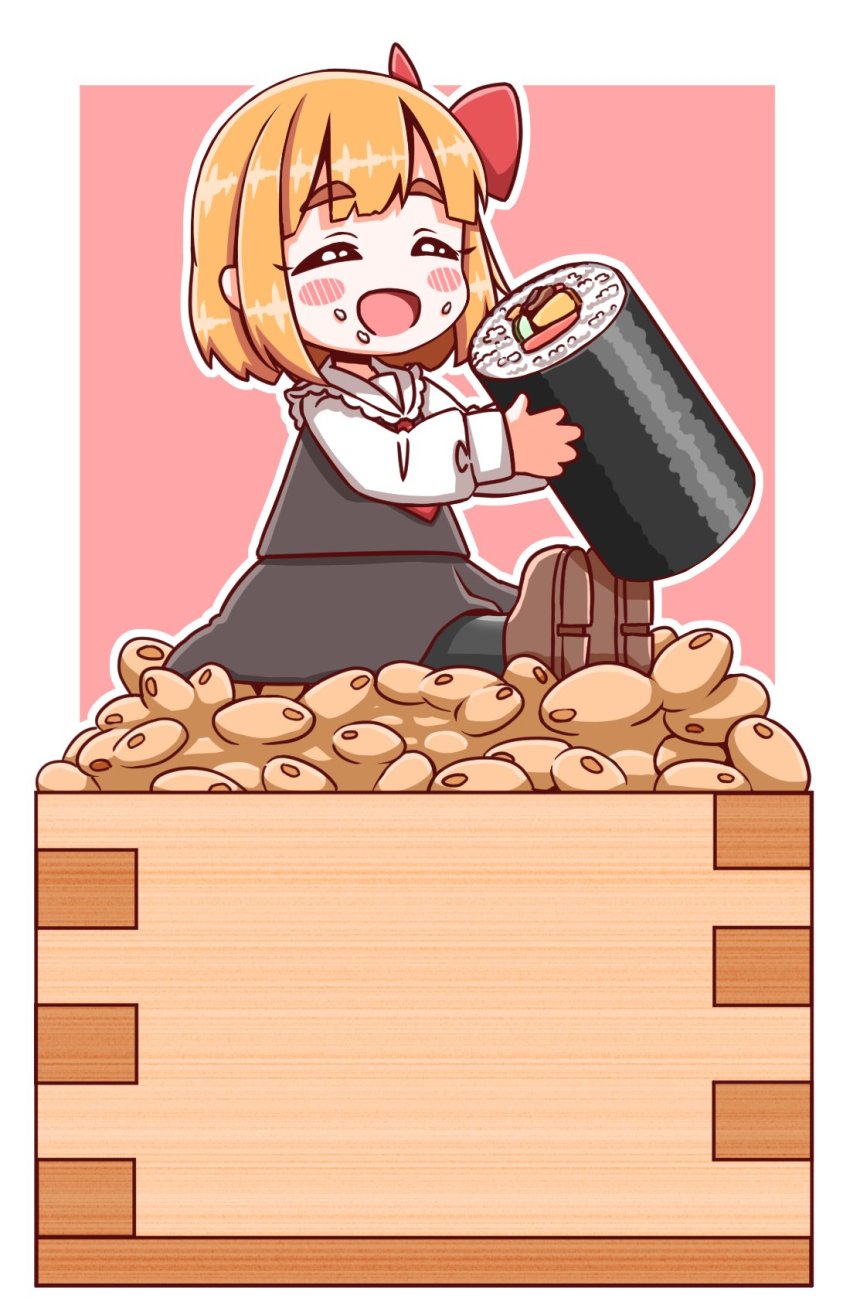 1girl :d black_pantyhose black_skirt black_vest blonde_hair blush_stickers border bow box closed_eyes ehoumaki food food_on_face full_body hair_bow happy highres holding holding_food makizushi necktie open_mouth outside_border pantyhose pink_background red_bow red_necktie roco_(katsuya1011) rumia setsubun short_hair simple_background sitting skirt smile solo soybean sushi touhou vest white_border