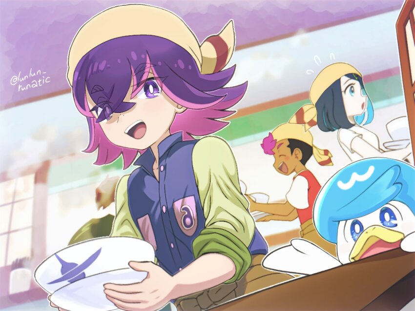 1boy 2girls bandana black_hair blue_eyes blue_hair bowl breasts closed_mouth cowlick dark-skinned_male dark_skin dot_(pokemon) eyelashes hair_ornament hair_over_eyes hairclip highres liko_(pokemon) long_sleeves multicolored_hair multiple_girls nintendo open_mouth pink_hair pokemon pokemon_(anime) pokemon_(creature) pokemon_horizons purple_eyes purple_hair quaxly red_hair roy_(pokemon) runachikku shirt short_hair short_sleeves smile teeth upper_body white_shirt