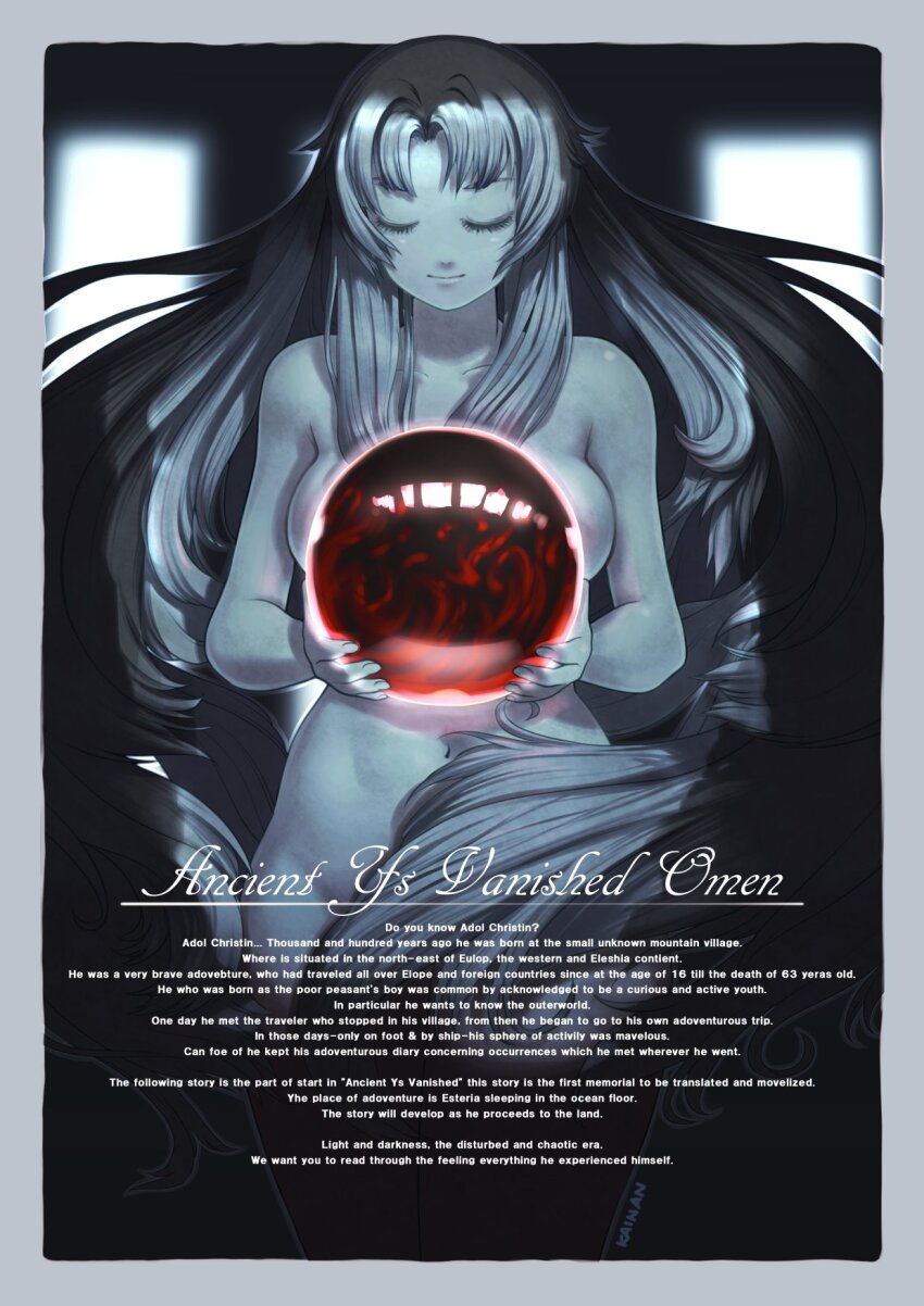 1girl ancient_ys_vanished artist_name border breasts closed_eyes closed_mouth commentary_request convenient_censoring curtained_hair english_text engrish_text feena_(ys) grey_border greyscale hair_censor hair_over_crotch highres holding_orb kainan large_breasts long_hair monochrome nude orb outside_border ranguage smile solo spot_color standing very_long_hair ys