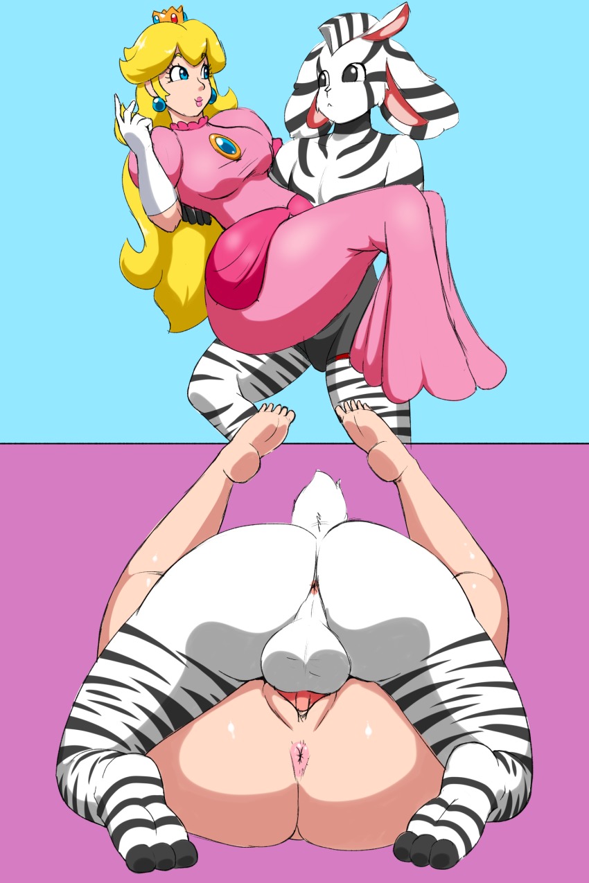 1boy 1girl absurdres anus blonde_hair blue_background blue_eyes bodypaint breasts rabbit carrying crown dress elbow_gloves eye_contact furry gloves hetero highres instant_loss interspecies lipstick looking_at_another makeup mario_(series) mating_press mini_crown missionary mohawk nintendo original penis pink_background pink_lips pink_lips princess princess_carry princess_peach puffy_short_sleeves puffy_sleeves pussy sex short_sleeves simple_background smile speeds super_mario_bros._1 tagme testicles uncensored vaginal white_gloves