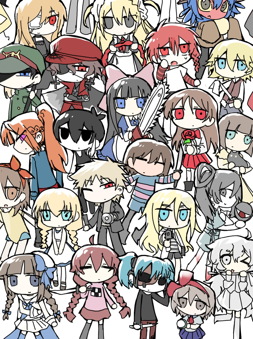 &gt;_o 2others 6+boys 6+girls :&lt; =_= absurdres ahoge aibyou_sekai androgynous animal annotated apron arm_behind_back atou_haruki aya_drevis black_cat black_dress black_eyes black_gloves black_hair black_jacket black_shirt black_shoes black_shorts black_tank_top blonde_hair blue_dress blue_eyes blue_hair blue_shirt blue_shorts blue_skirt blunt_bangs bow braid brown_eyes brown_hair brown_shirt cat chainsaw charlotte_wiltshire chidouin_sara closed_eyes closed_mouth colored_sclera colored_skin cross cross_earrings crossed_arms crossover deformed dress earrings eiyuu_gijin end_roll everyone expressionless eyepatch fang flashlight flesh_blood_&amp;_concrete fran_bow fran_bow_dagenhart frisk_(undertale) funamusea genre_connection gloves gokuto_jihen green_hat green_jacket grey_eyes grey_hair grey_pants grey_shirt gun hair_between_eyes hair_bow hair_rings hairband hat hello_charlotte highres higyaku_no_noel holding holding_animal holding_chainsaw holding_flashlight holding_gun holding_knife holding_weapon ib_(ib) ib_(kouri) jacket jewelry jitome kanzaki_shiori kimi_ga_shine kirisame_ga_furu_mori kirishima_(gokuto_jihen) knife layered_sleeves logowoshixiang long_hair long_sleeves mad_father madotsuki maeno_aki maid majo_no_ie mama_ni_aitai medama_(mama_ni_aitai) medical_eyepatch medium_hair mini_hat multiple_boys multiple_crossover multiple_girls multiple_others neckerchief nika_(flesh_blood_&amp;_concrete) niko_(oneshot) noel_cerquetti omori one_eye_closed oneshot_(game) oounabara_to_wadanohara open_clothes open_jacket open_mouth orange_hair pants pink_bow pink_eyes pink_shirt pleated_skirt ponytail protagonist_(yomawari) rachel_gardner red_bow red_eyes red_hair red_hairband red_hat red_neckerchief red_pants red_skirt rokubanme russell_seager saibou_shinkyoku sal_fisher sally_face satsuriku_no_tenshi shirt shoes short_hair short_over_long_sleeves short_sleeves shorts side_braid single_braid skirt sleeveless sleeveless_dress sleeves_past_fingers sleeves_past_wrists smile striped_clothes striped_shirt sunny_(omori) sweat tank_top twin_braids twintails two_side_up undertale viola_(majo_no_ie) wadanohara weapon white_apron white_background white_dress white_eyes white_hair white_hat white_jacket white_shirt white_skin white_skirt yellow_dress yellow_sclera yellow_shirt yomawari yomawari_(series) yume_nikki zeno_(game)