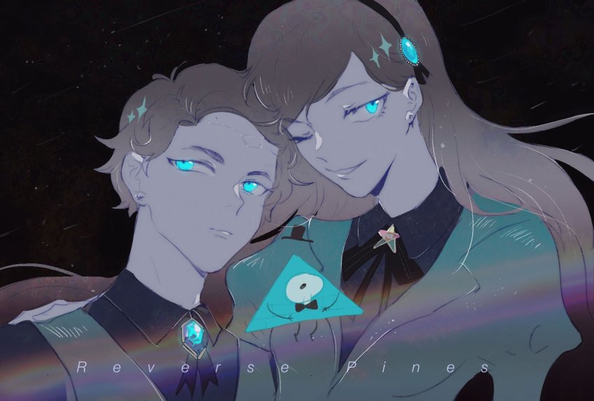 1boy 1girl aqua_eyes aqua_vest ascot bill_cipher brooch brother_and_sister brown_hair dark_persona dipper_gleeful dipper_pines dress facial_mark forehead_mark formal_clothes gem glowing_jewelry gravity_falls hair_ornament highres jewelry long_hair mabel_gleeful mabel_pines pentagram short_hair siblings skirt sunio0202 swept_bangs twins vest will_cipher