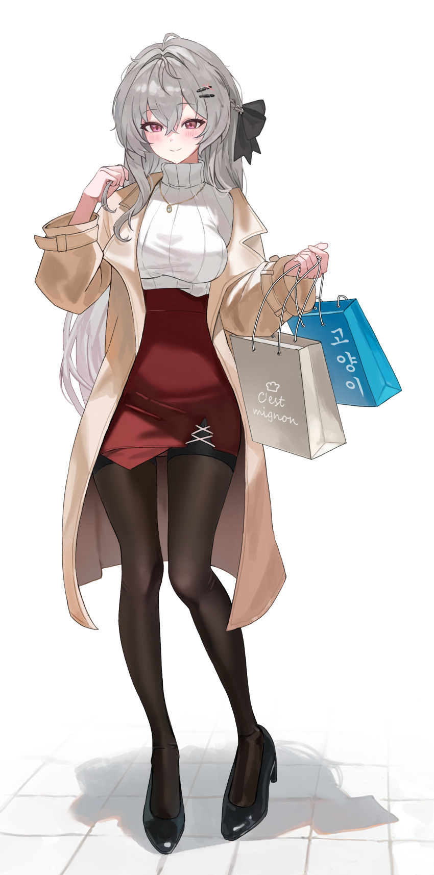 1girl absurdres alternate_costume bag black_pantyhose black_ribbon black_shoes blush brown_jacket closed_mouth girls&#039;_frontline hair_between_eyes hair_ribbon high-waist_skirt high_heels highres holding holding_bag holding_own_hair iws_2000_(girls&#039;_frontline) jacket long_hair looking_at_viewer pantyhose pencil_skirt pink_eyes red_skirt ribbon shoes shopping_bag sidelocks skirt smile sweater turtleneck turtleneck_sweater white_hair white_sweater yamu_(yamu_030)