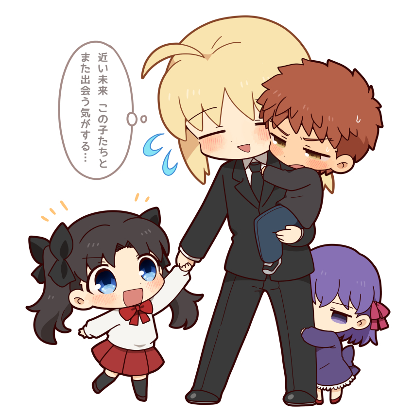1boy 3girls aged_down ahoge artoria_pendragon_(fate) black_hair black_necktie black_suit blonde_hair blue_eyes closed_eyes dress emiya_shirou fate/zero fate_(series) formal_clothes highres long_sleeves low_ponytail matou_sakura matou_sakura_(fate/zero) multiple_girls necktie orange_hair pleated_skirt ponytail purple_dress purple_eyes purple_hair red_skirt saber_(fate) shirt siblings sisters skirt speech_bubble suit thought_bubble tohsaka_rin tohsaka_rin_(fate/zero) tsubuta_hiro twintails white_shirt yellow_eyes