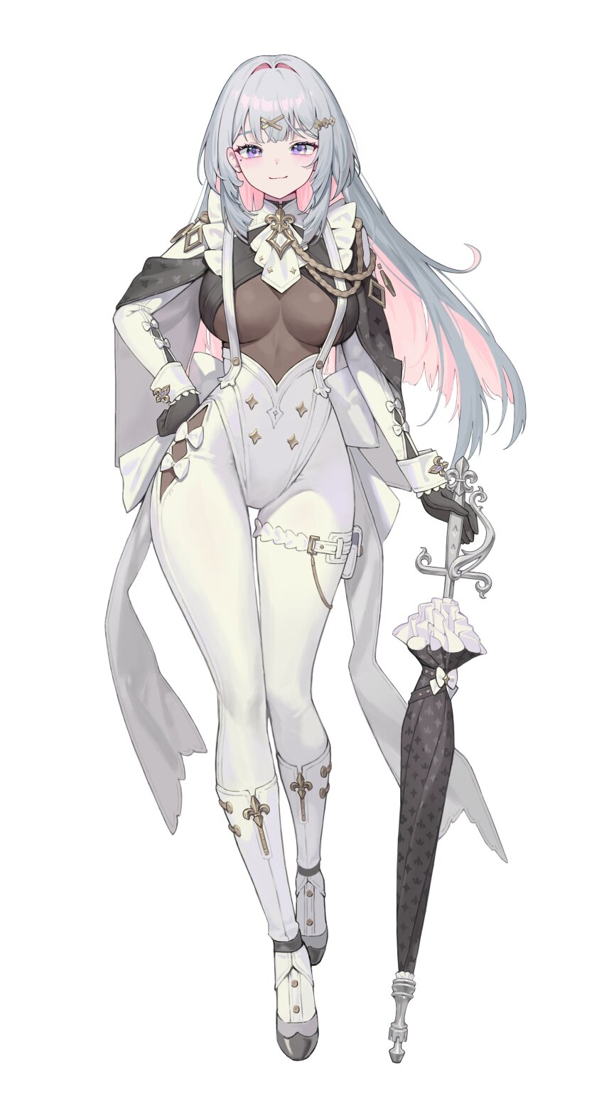 1girl absurdres black_gloves breasts closed_mouth colored_inner_hair commentary full_body gloves grey_hair hair_ornament hairclip hand_on_own_hip hand_on_umbrella highres impossible_bodystocking impossible_clothes ina_seo large_breasts light_smile long_hair looking_at_viewer mole mole_under_eye multicolored_hair original pink_hair planted planted_umbrella purple_eyes simple_background solo tachi-e umbrella white_background